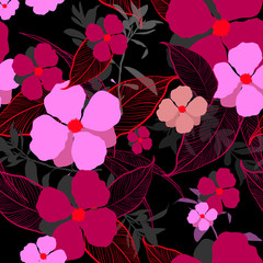 Beautiful Dark summer big blooming Floral pattern iin the garden. Tropical botanical outline leaves random. Seamless vector texture. For fashion prints.