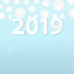Origami snowflakes. 2019 New Year. Winter holidays card. Paper cut snow. Grunge background. Happy New Year poster. Christmas. Cutout. 3d paper cut effect.