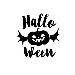 Happy halloween party title logo template. Bat wings shape with evil pumpkin.
