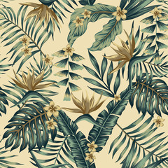 Tropical leaves and gold flowers seamless beige background