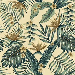 Tapeten Palmen Nahtloser beige Hintergrund der tropischen Blätter und der Goldblumen