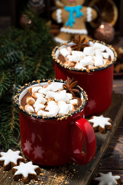 cozy winter drink hot chocolate on a wooden background, closeup