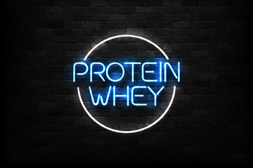 Vector realistic isolated neon sign of Protein Whey logo for decoration on the wall background. Concept of diet and sports nutrition.