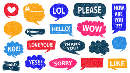 Speech bubble doodles set. Scribble frames collection. Sketch vector. Popular social media phrases. Hand drawn effect illustration. Comics. Social media messages. Chat or dialog clouds.