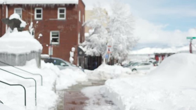 Large brick building and a snowy walkway for background plate