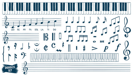 Music notes doodles set. Piano keys sketch. Treble clef. Hand drawn detailed sketch. G-clef. Scribbles collection. Scrawl. Piano. Organ. Symphony. Melody. Classic music.