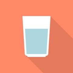 Glass of water icon with long shadow on orange background, flat design style