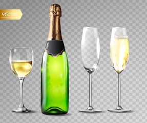 Champagne bottle and champagne glasses on transparent background. Vector illustration.