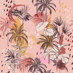 Vector illustration of a hand drawn palm trees and leaves. Seamless vector pattern with colorful polkadots hand painting