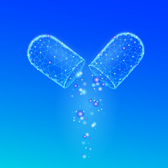 Opened drug capsule medicine business concept. Banner blue glowing medicament prebiotic probiotic ball health care cure illness. Antibiotic vitamin medical nutrition low poly vector illustration