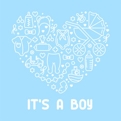 Baby accessories elements. It is a boy. Linear style vector illustration. Suitable for congratulation or invitation card