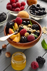 Oat flakes with various berries, hazelnuts and honey