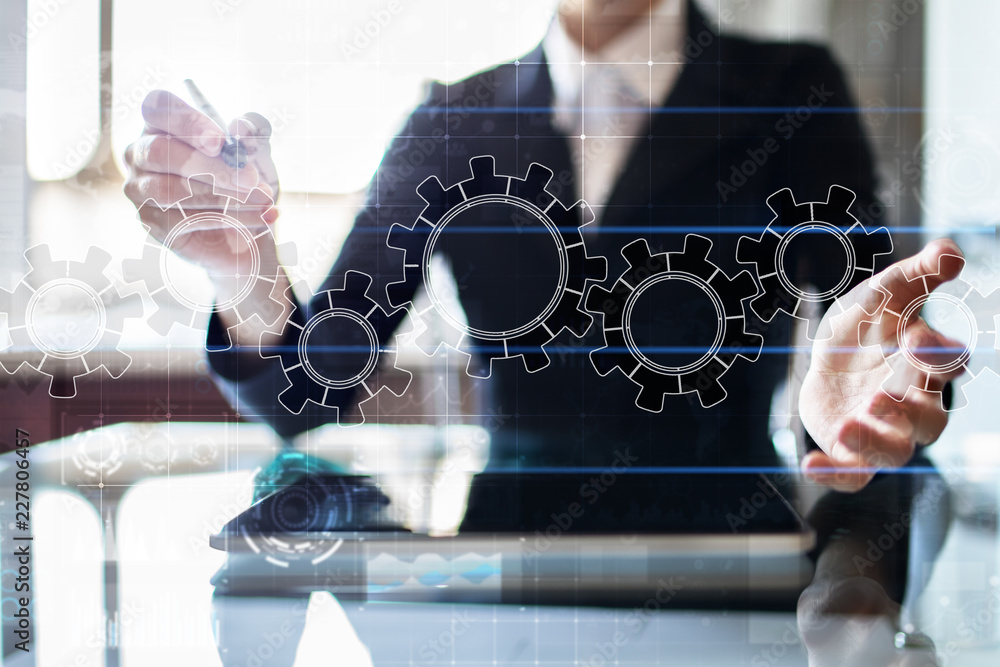 Poster gears on virtual screen. business strategy and technology concept. automation process.