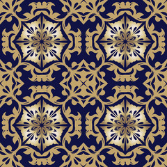 Luxurious golden damask ornament. Floral pattern. Wallpaper baroque, damask. Seamless background. Decorative ornament for fabric, textile, wrapping paper.