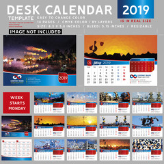 Desk calendar template for 2019. Design Template blue. Vector Illustration. update