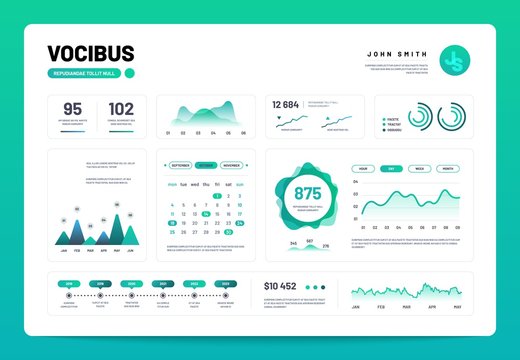 Infographic Dashboard. Admin Panel Interface With Green Charts, Graphs And Diagrams. Website Design Vector Template Graph And Diagram Infographic, Vector Illustration