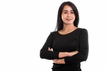 Studio shot of young happy Asian transgender woman smiling with 