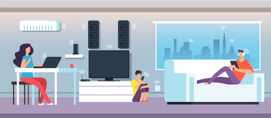 Electromagnetic field in home. People under EMF waves from appliances and devices. Electromagnetic pollution vector concept. Illustration of smart network communication wifi digital