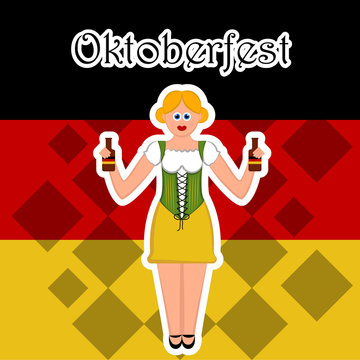 Girl with beer bottles on a flag of Germany. Oktoberfest. Vector illustration design