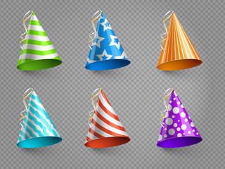 Realistic party hats vector set isolated on transparent background. Illustration of colored hat for party celebration birthday