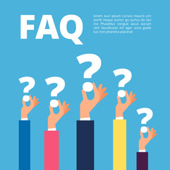 Faq concept. Businessman hands holding question marks. Quiz and online support vector illustration. Faq support, asking and solving - obrazy, fototapety, plakaty