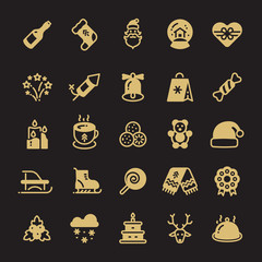 Winter xmas silhouette gold icons isolated on black background. Illustration of xmas and christmas gold icons, new year set icon