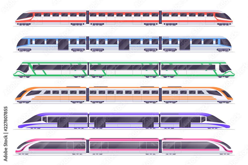 Sticker Passenger trains. Modern subway and railway train. City transportation vector set. Train and railway, transport passenger illustration