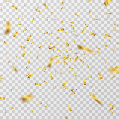Fototapeta premium Golden confetti. Gold yellow ribbons flying down isolated. Wedding party background. Decoration confetti ribbon for carnival and anniversary birthday illustration