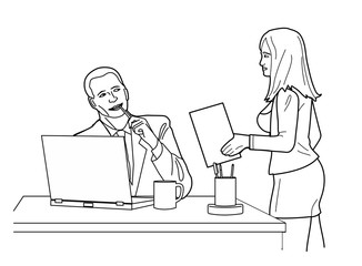 Man looking man looks at a woman in front office. Black vector illustration isolated on white background.