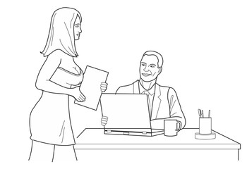 Man looking man looks at a woman in front office. Black vector illustration isolated on white background.