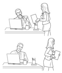 Man looking man looks at a woman in front and back in office. Black vector illustration isolated on white background