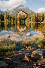 Shtrbske pleso (lake) in autumn. Slovakia High Tatras mountains landscape. - obrazy, fototapety, plakaty