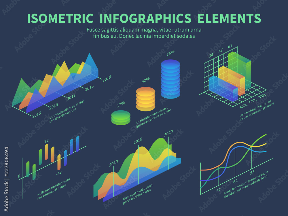 Poster isometric infographics. presentation graphics, statistics data layer charts and marketing bar diagra