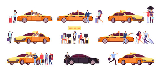 People and taxi. Cab drivers passenger and car in ride. Taxi service isolated icons. Taxi service car, transportation customer illustration © MicroOne