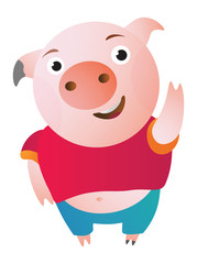Cute cartoon pig says hi, waving and shy. Vector illustration. Symbol of the new year 2019 Isolated on transparent background. Excellent for the design of postcards, posters, stickers etc.  