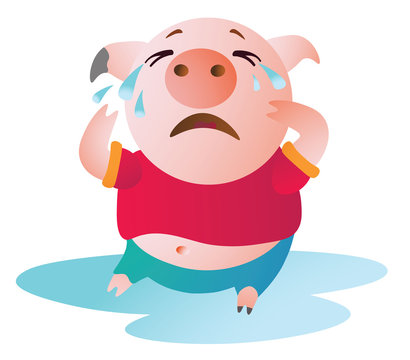 Cartoon Pig sits in a pool of tears and cries. Vector illustration. Symbol of the new year 2019. Isolated on transparent background. Excellent for the design of postcards, posters, stickers etc.  