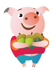 The pig is happy because she has many acorns. Vector illustration. Symbol of the new year 2019 Isolated on transparent background. Excellent for the design of postcards, posters, stickers etc.  