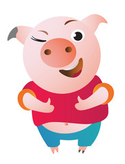 Cartoon Pig approves with thumb up and winks. Vector illustration. Symbol of the new year 2019 Isolated on transparent background. Excellent for the design of postcards, posters, stickers etc.  