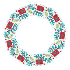 Christmas Hand Drawn Wreath with Round Frame for Cards Design Vector Layout with Copyspace Can be use for Decorative Kit, Invitations, Greeting Cards, Blogs, Posters, Merry X’mas and Happy New Year.