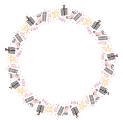 Fototapeta na wymiar Christmas Hand Drawn Wreath with Round Frame for Cards Design Vector Layout with Copyspace Can be use for Decorative Kit, Invitations, Greeting Cards, Blogs, Posters, Merry X’mas and Happy New Year.