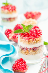 Pomegranate parfait - sweet organic layered dessert with granola flakes, yogurt and red ripe fruit seeds.