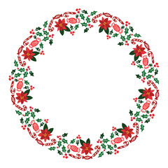 Christmas Hand Drawn Wreath with Round Frame for Cards Design Vector Layout with Copyspace Can be use for Decorative Kit, Invitations, Greeting Cards, Blogs, Posters, Merry X’mas and Happy New Year.