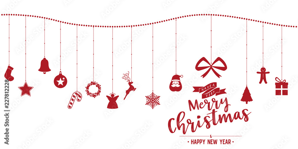 Aufkleber christmas ornaments and icons and text phase hanging rope on isolated background