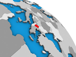 Macedonia on simple blue political 3D globe.