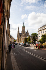 This is the Bayeux Cathedral in Bayeux town centre, known for its unique gothic architecture and history bring many tourists to the town. Bayeux, France