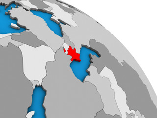Azerbaijan on simple blue political 3D globe.