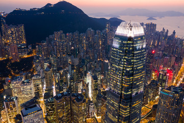 Top view of Hong Kong business district at night
