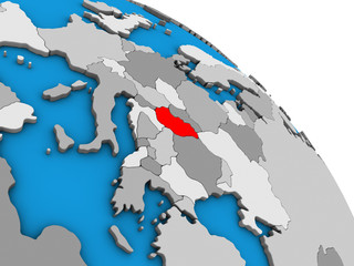 Hungary on simple blue political 3D globe.