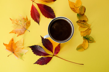 A cup of tea surrounded by various autumn leaves of different sizes and colors. Concept of autumn. Flat lay isolated