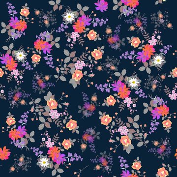 Fototapeta Exotic seamless floral background. Bouquets of garden flowers isolated on  dark blue background. Print for fabric.